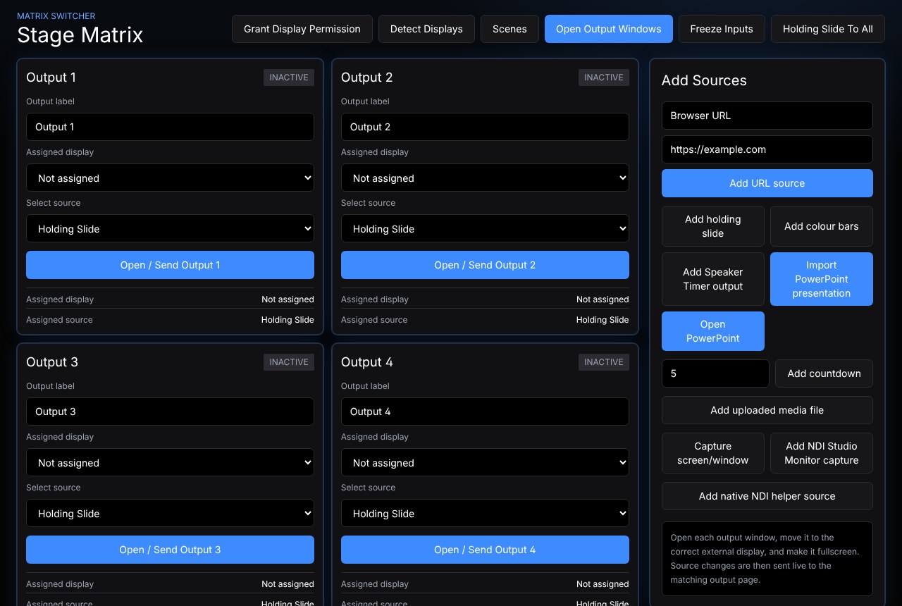 StageSync Stage Matrix: four outputs, each with an assigned display and source, and a panel for adding sources