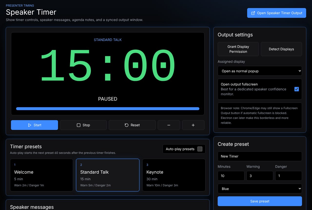 StageSync Speaker Timer showing 15:00 with presets for Welcome, Standard Talk and Keynote